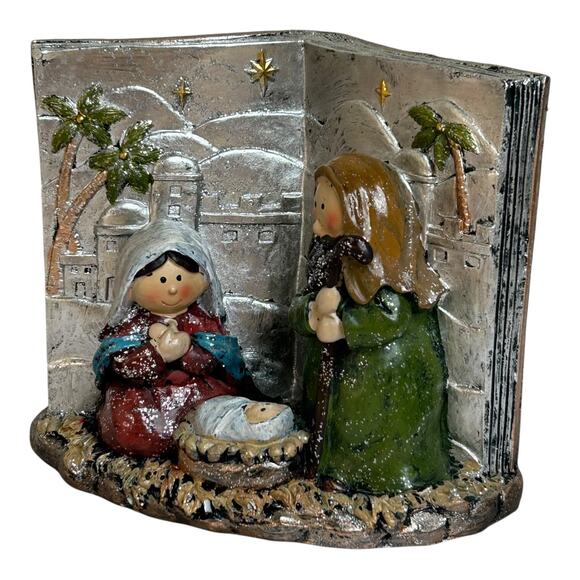 Nativity Scene Set in Open Book Silver Tone Earth Tones Christmas Home Decor - Picture 2 of 7